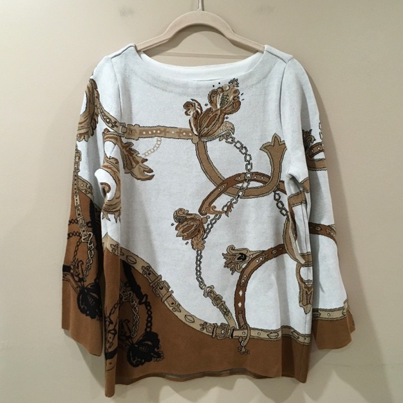 Chico's Sweaters - CHICO’S sweater top Women S Ivory Brown JACQUARD BATEAU NECK Equestrian